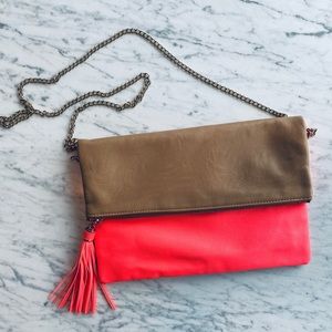 Tan and a bright coral bag